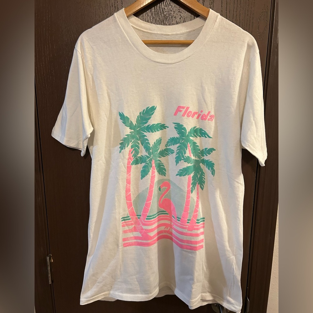 80’s/90’s Florida Flamingo Palm Neon Graphic Tee - White with Pink & Green M